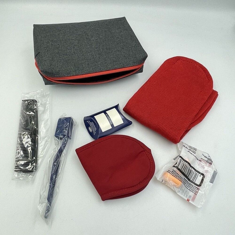 Travel Amenity Kit Red Eye Mask Earplugs Toothbrush Toothpaste Case New - Picture 2 of 15